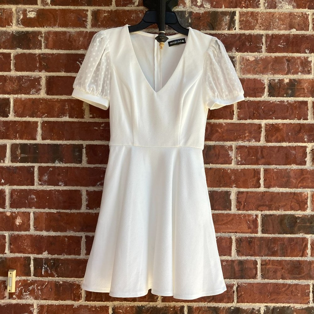 Midnight Doll White Puff-Sleeve V-Neck Mini Dress